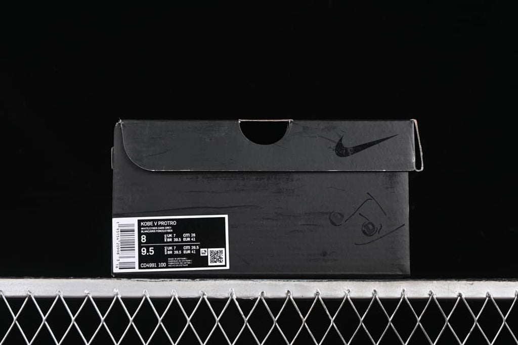 Shoe box label showing Kobe V Protro, style code CD4991 100, and sample size details.