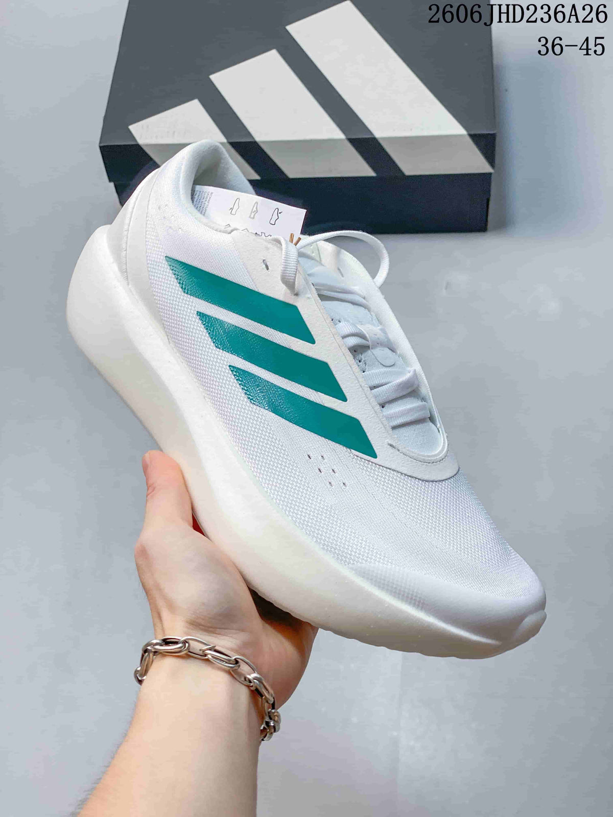 Close-up side view of a white adidas ZENBOOST shoe with teal stripes.