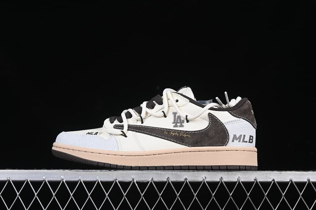 Side view highlighting the dark brown Swoosh and Dodgers details