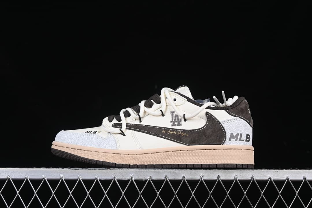 Side view highlighting the dark brown Swoosh and Dodgers details
