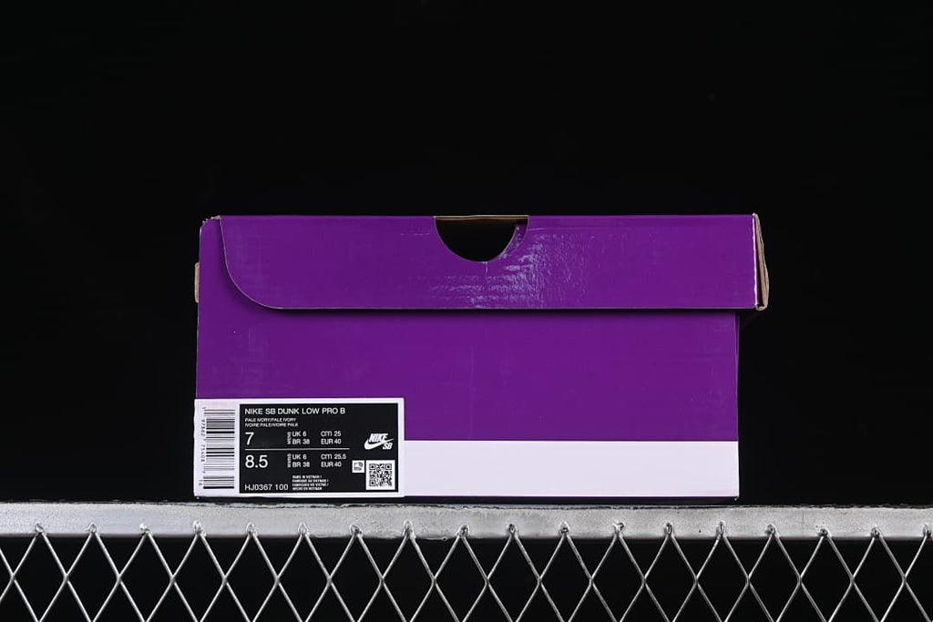 Purple shoe box label identifying Nike SB Dunk Low Pro B and showing sample size information