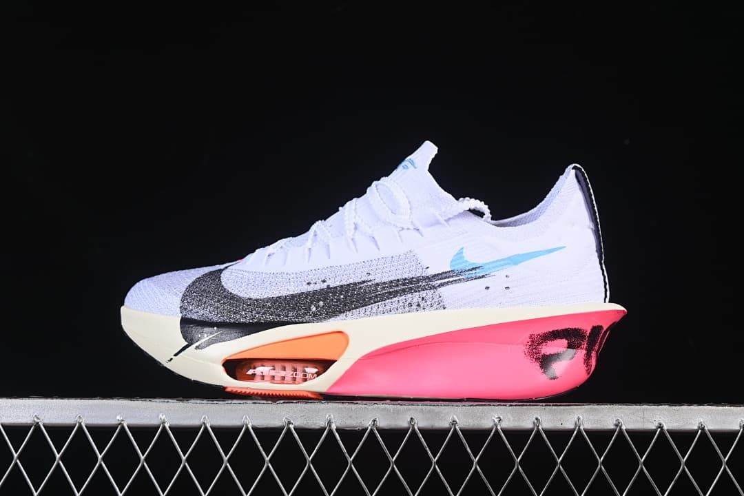 Side view of the shoe showing black swoosh and bright pink midsole