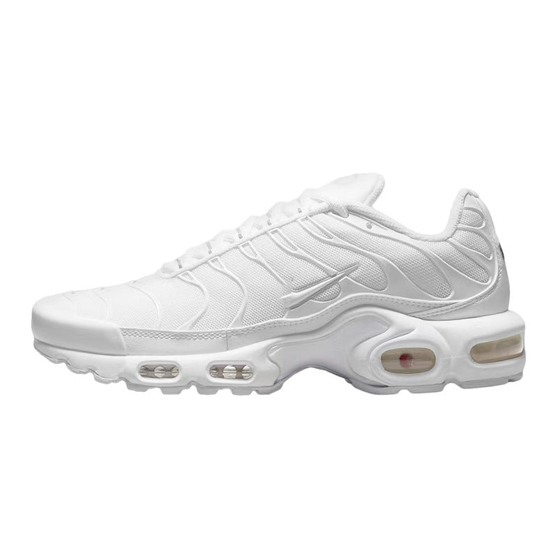 Side view of an all-white Nike Air Max Plus-style sneaker.