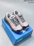 Pair of light-colored HOKA Mafate Speed 2 Low trail shoes with pink and gray accents