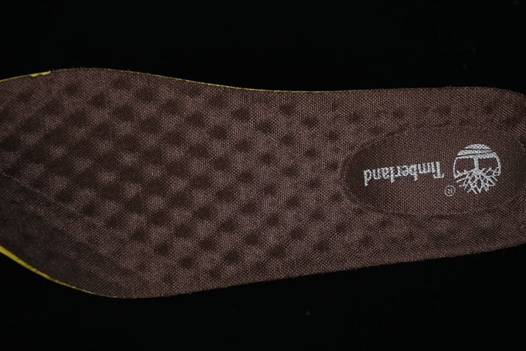 Close-up of a brown insole with Timberland branding