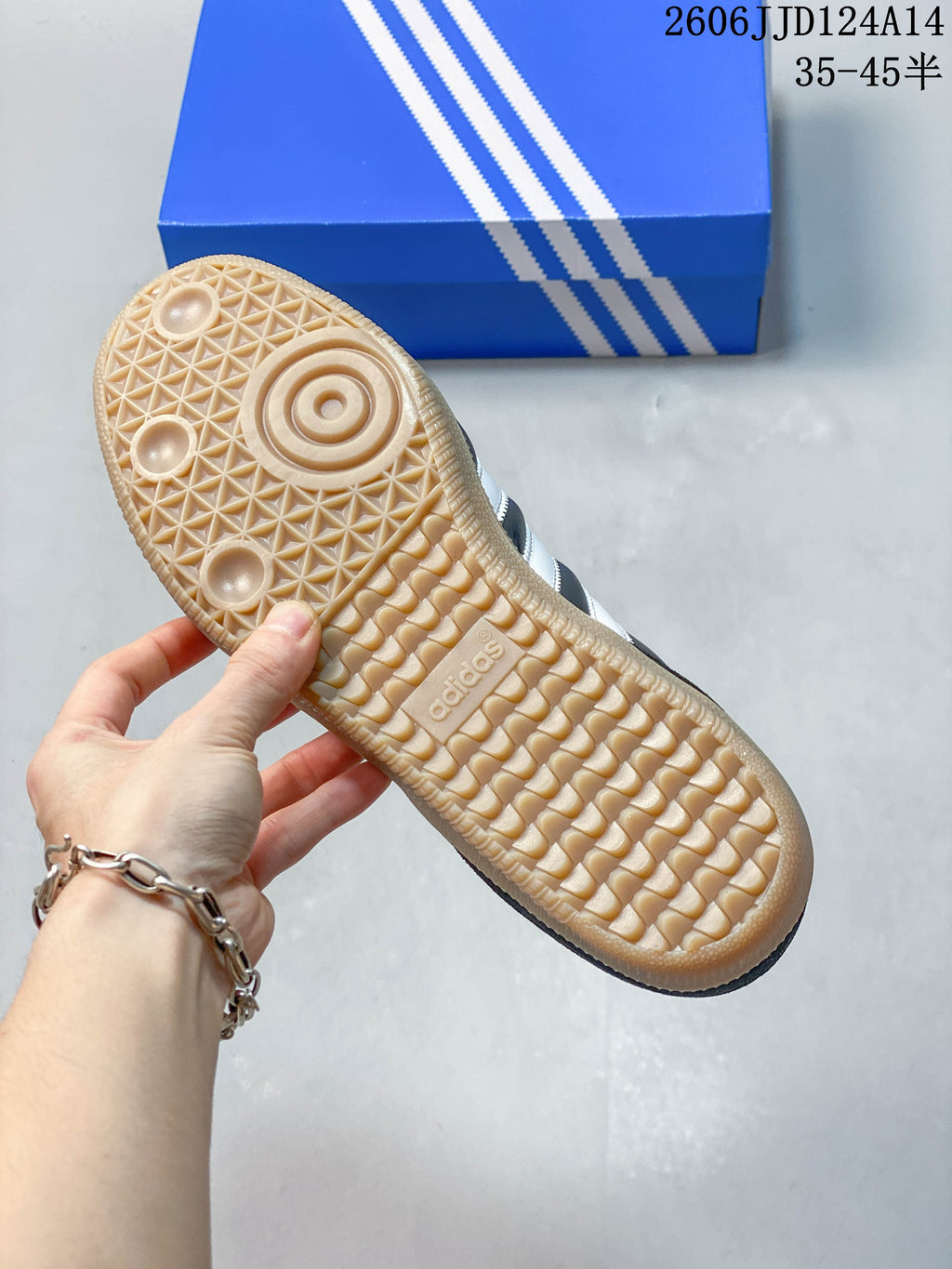 Close-up of the gum-colored outsole with textured tread