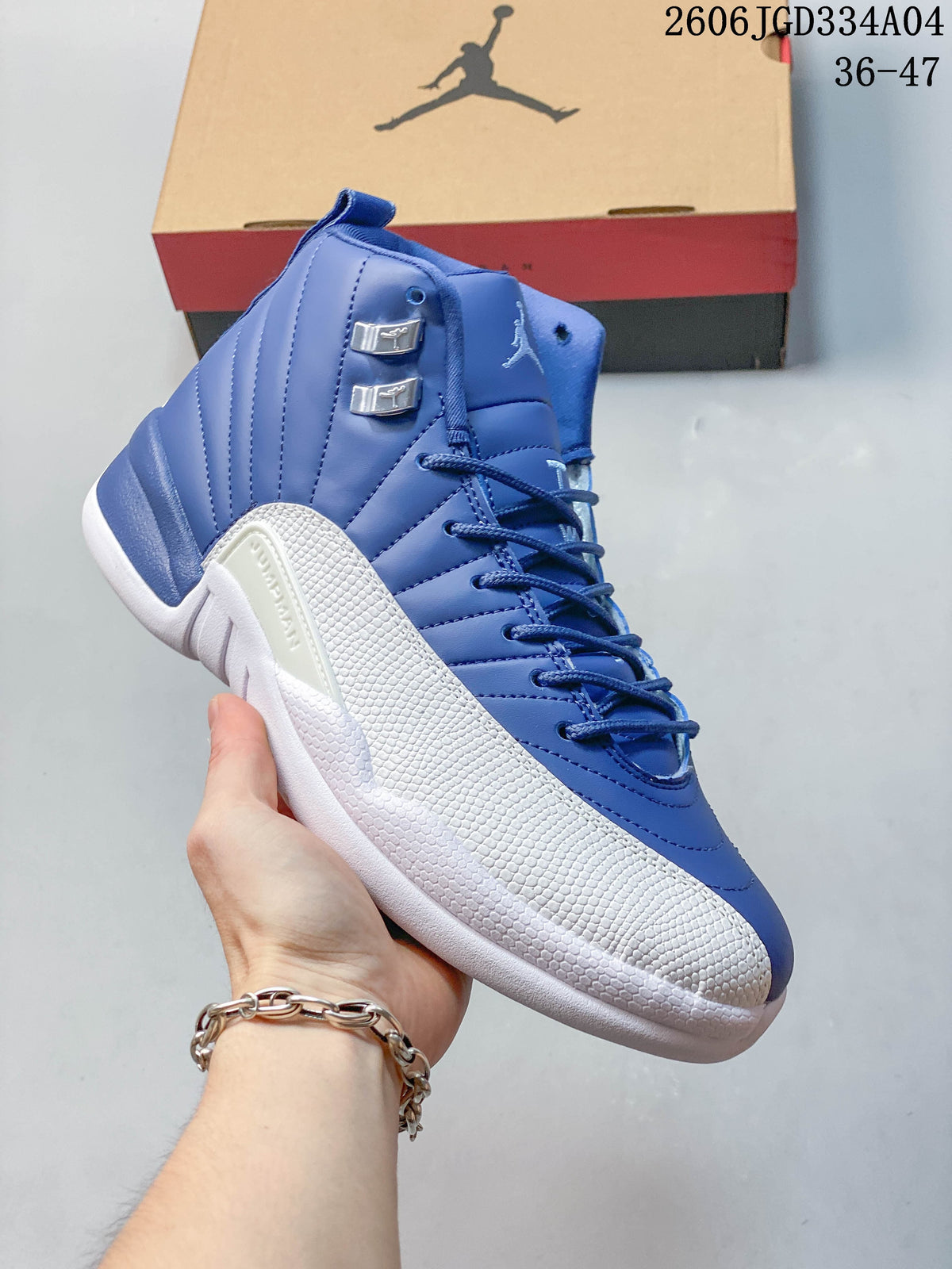 Close side view of a blue and white Jordan Air Jordan 12 high-top shoe