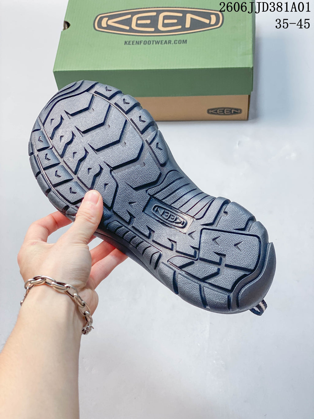 Close-up of the dark gray outsole tread on a KEEN Newport H2 sandal.