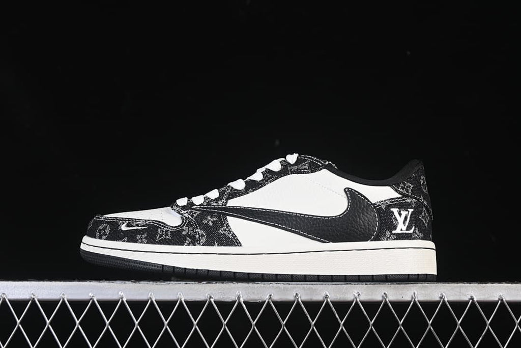 Side view of a black-and-white patterned low-top sneaker