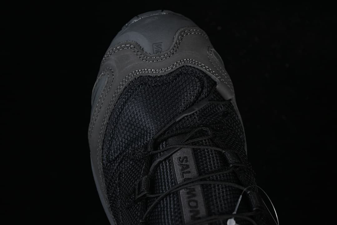 Top view of the shoe showing the toe, mesh upper and laces