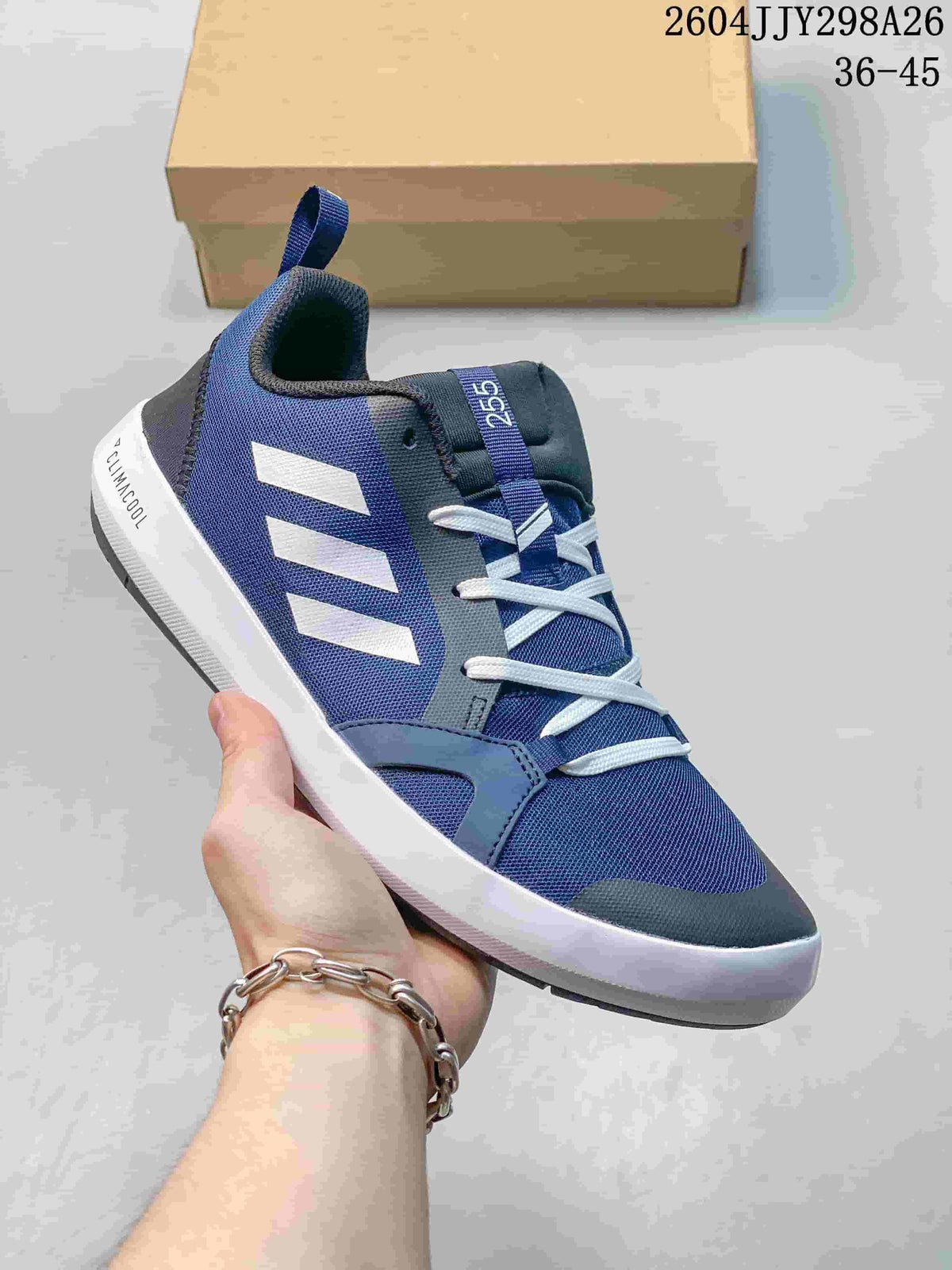 Blue Adidas Terrex Boat shoe with white laces and a white midsole.