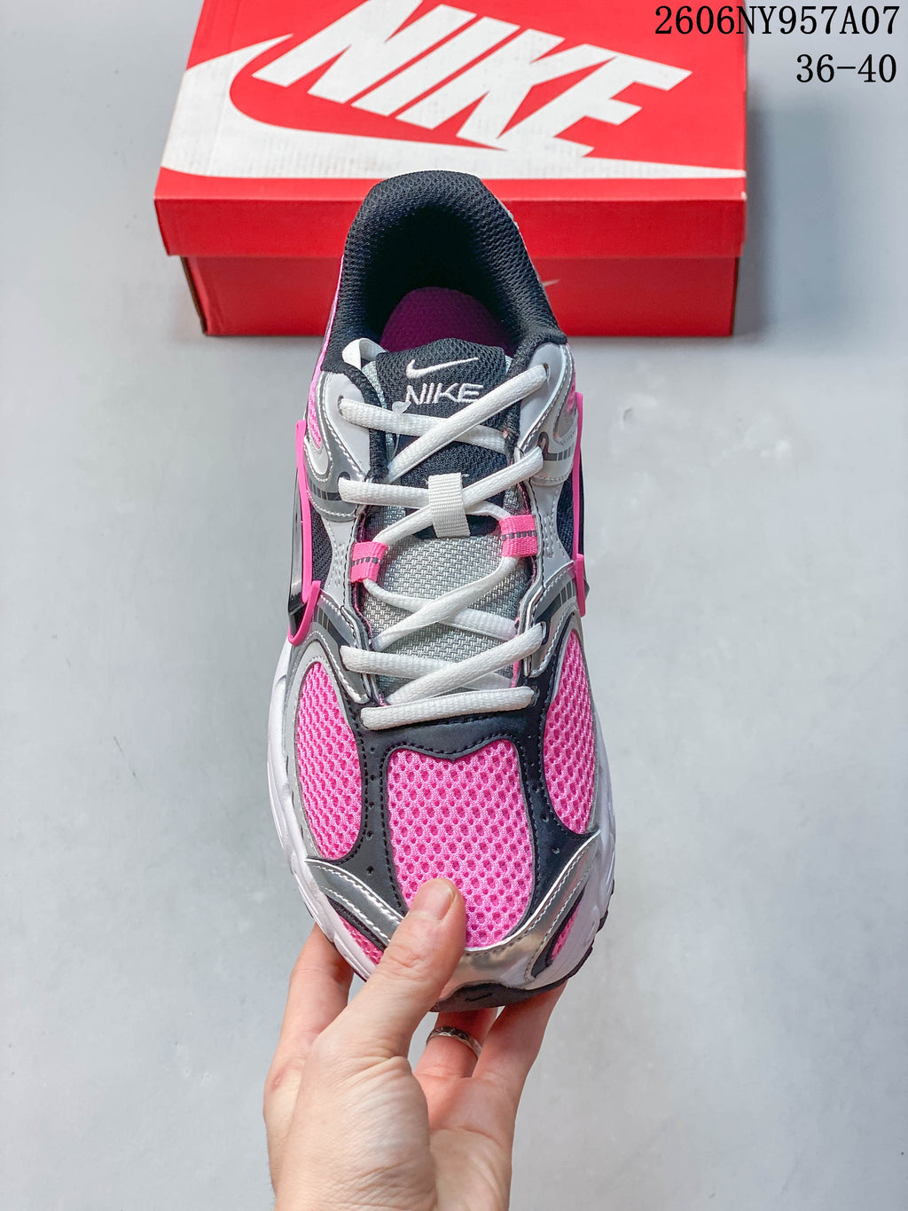 Top view of a Nike V5 RNR sneaker showing its mesh panels and white laces.