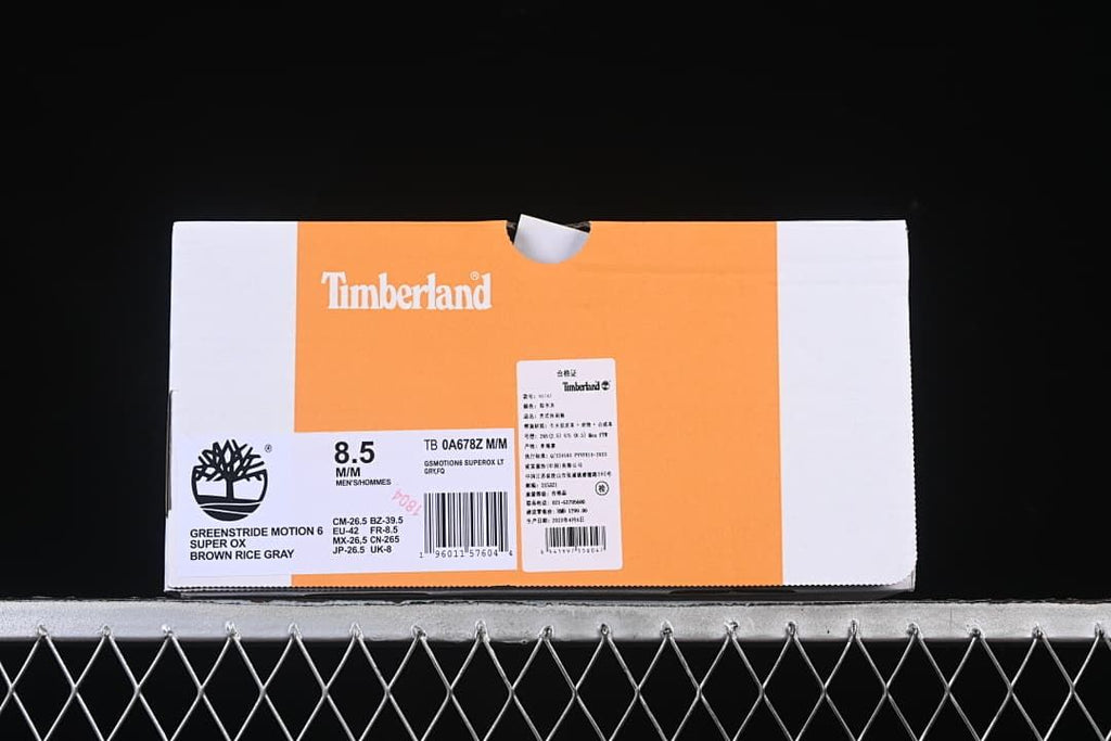 Timberland shoe box label showing GreenStride Motion 6 Super Ox and sample size details