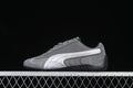 Side view of gray Puma Speedcat sneakers with silver Formstrip and black sole