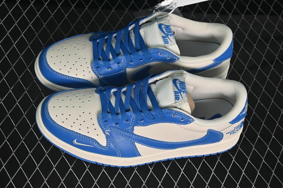 Top view of a pair of blue and off-white low-top sneakers with blue laces and Nike Air tongue labels.