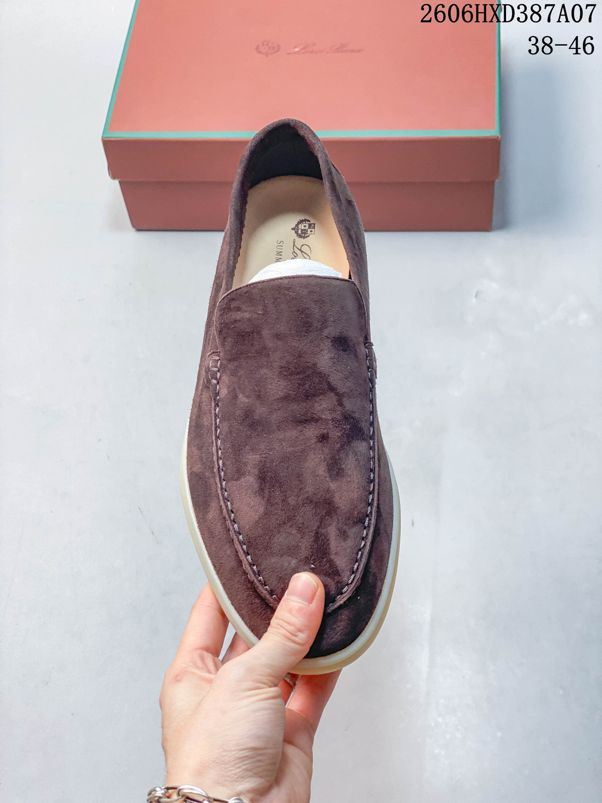 Top view of the loafer showing its apron-toe panel and stitching.