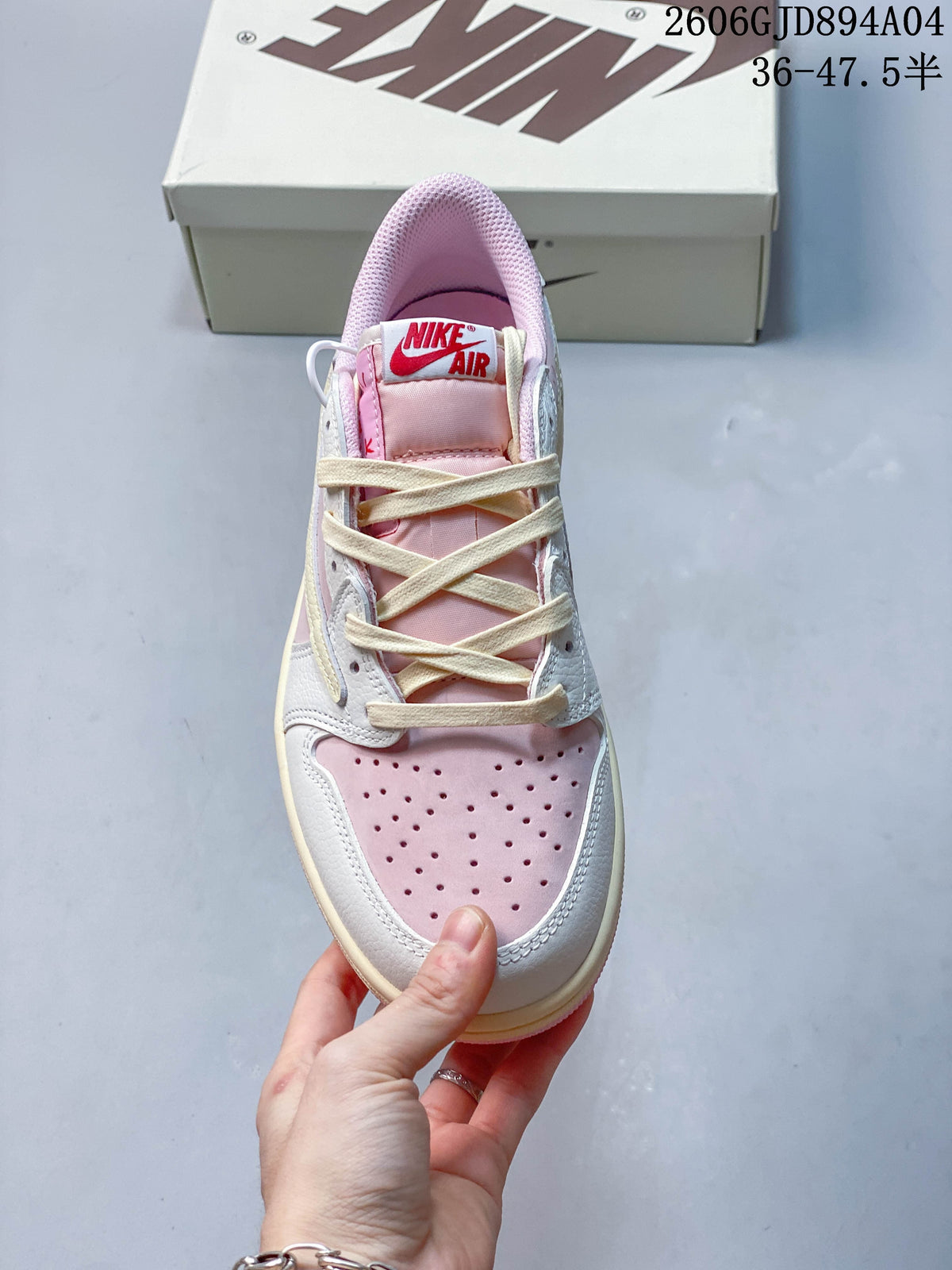 Front view showing the perforated pink toe and cream laces