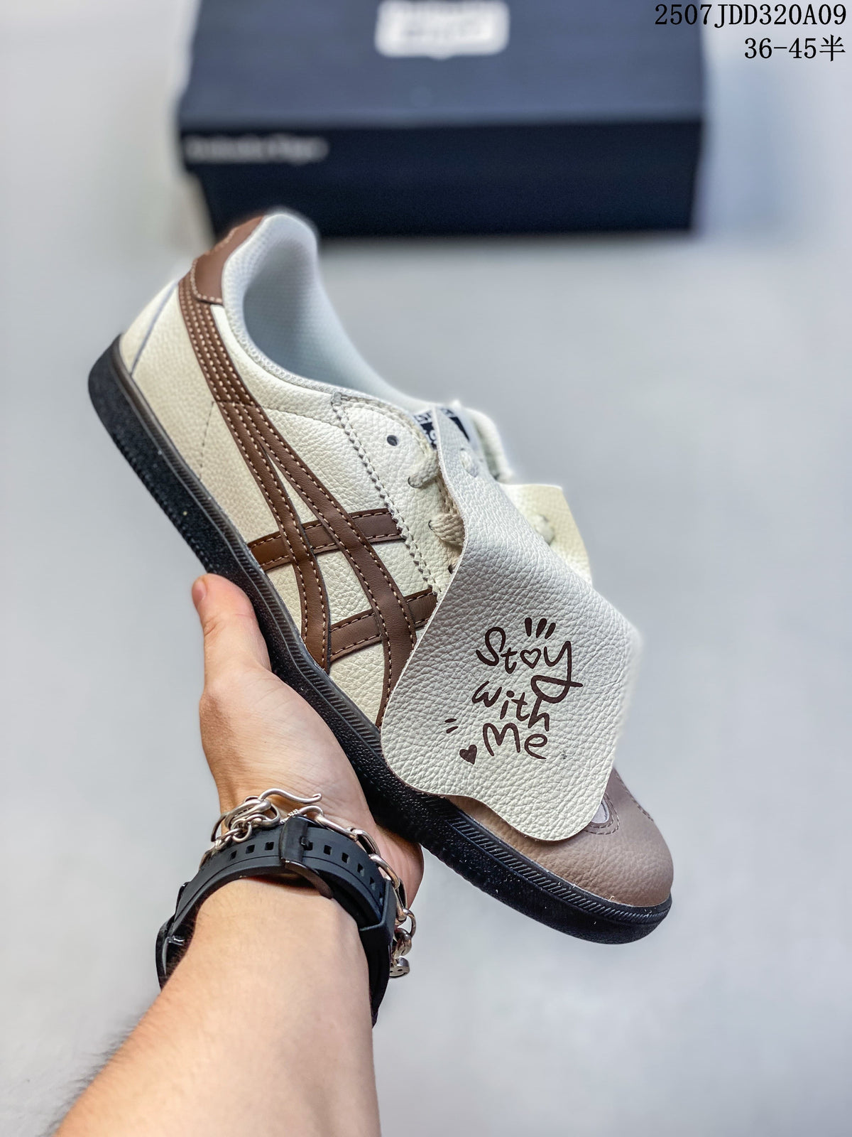 Cream and brown Tokuten sneaker shown with a removable-looking side panel marked “Stay with Me”; image text shows sizes 36–45.5.