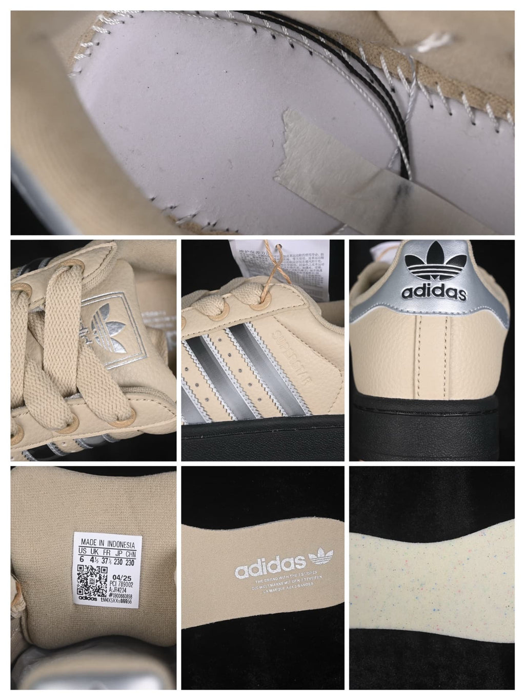 Close-up collage showing the sneaker's stitching, tongue branding, side stripes, heel branding, interior label, and outsole texture.