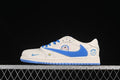 Side view of an off-white low-top sneaker with blue laces, a large blue side Swoosh, and character graphics.