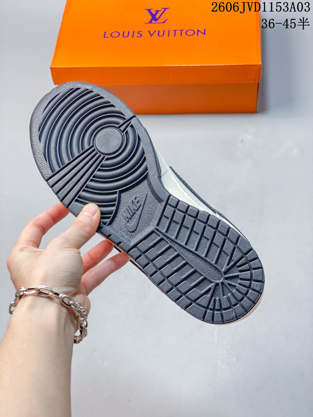 Close-up of the dark patterned outsole and tread