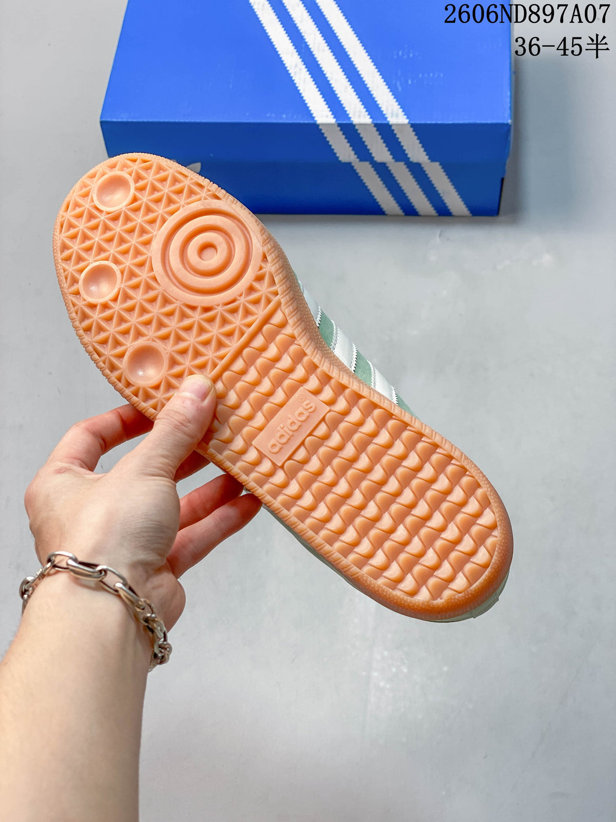 Close-up of the gum-colored outsole on an adidas Samba sneaker