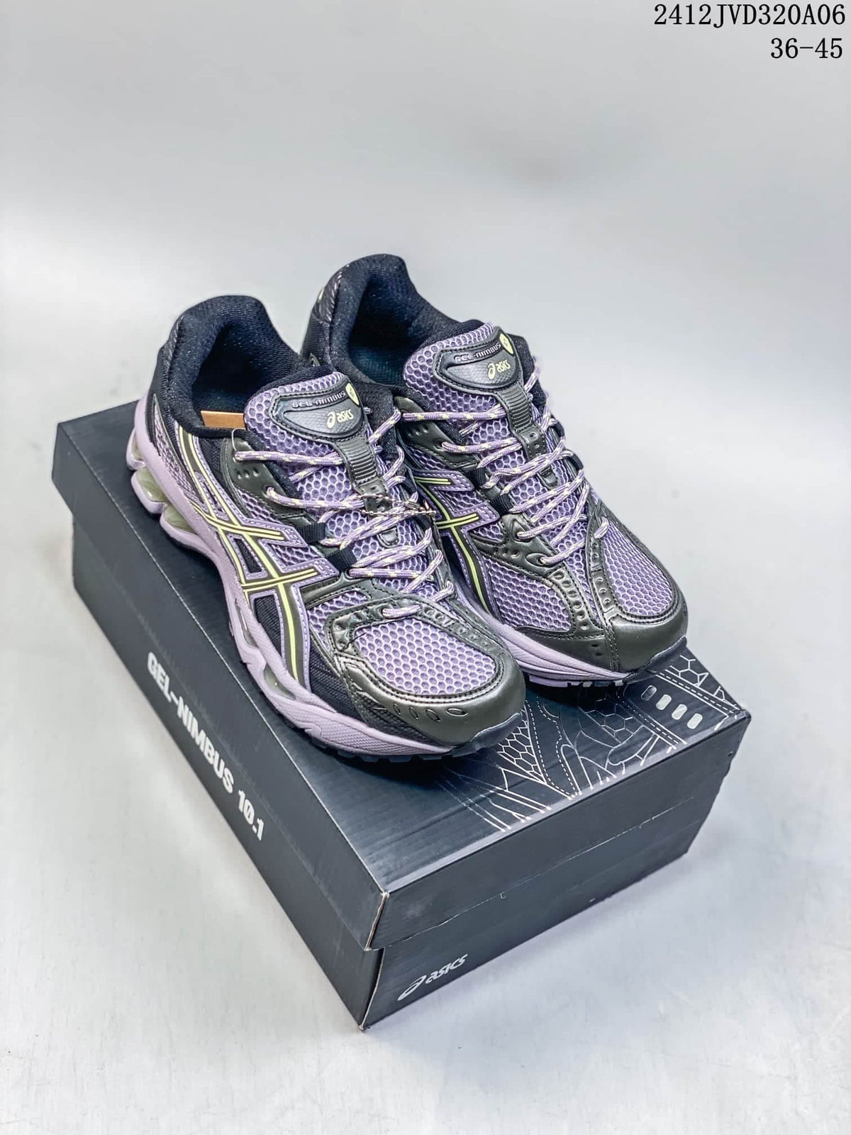 Pair of purple and dark gray ASICS Gel-Nimbus 10.1 sneakers on a shoebox; image also displays the size range 36–45.