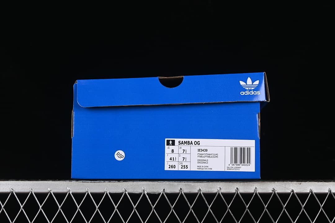 Blue adidas Samba OG shoe box label showing style code IE3439 and sample size details