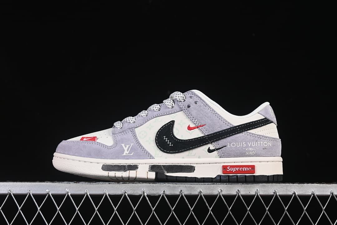 Side view of white and pale lavender low-top sneakers with a black Swoosh and red and branded details.