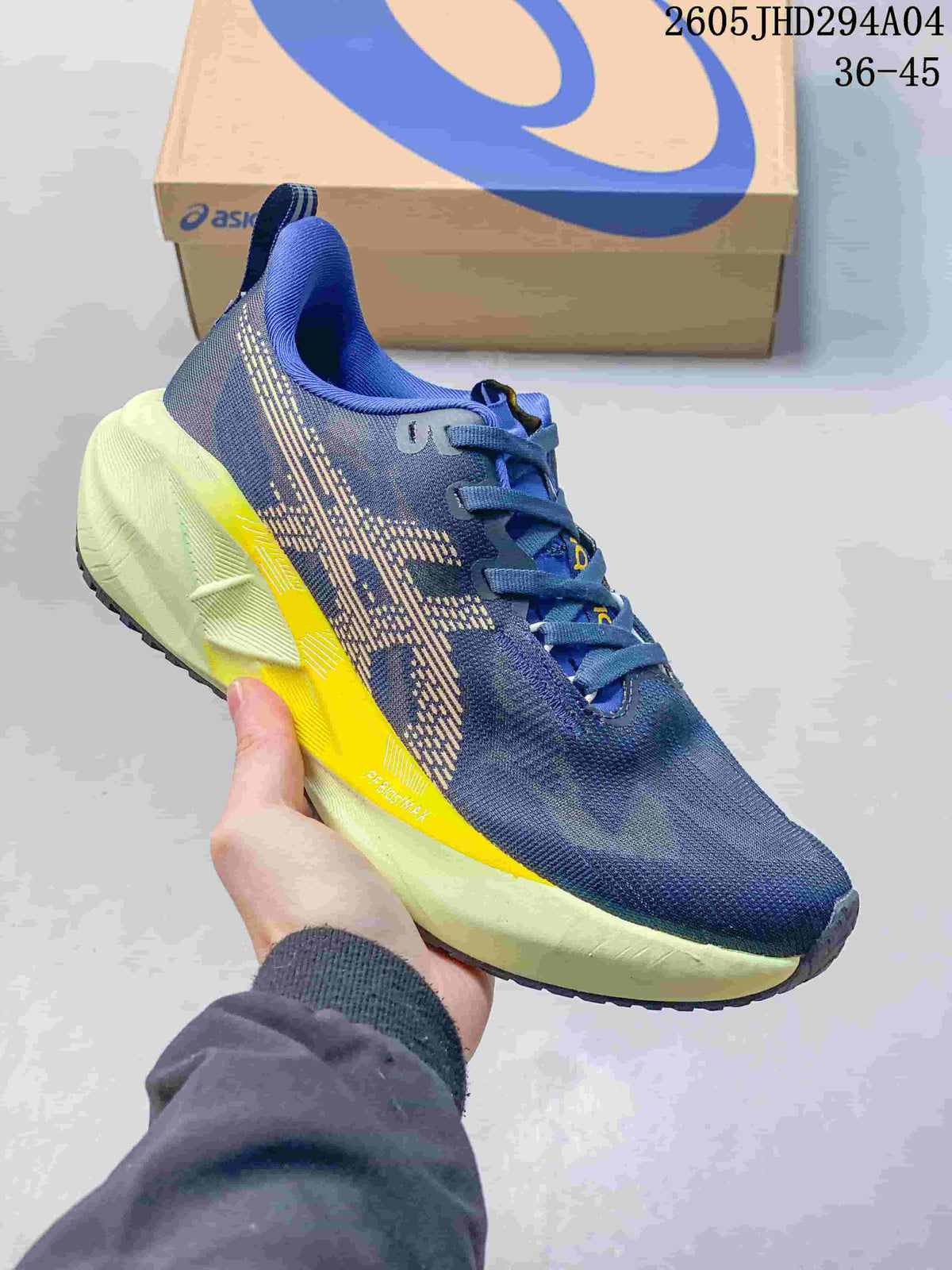 Blue and yellow ASICS NOVABLAST 5 LE running shoe