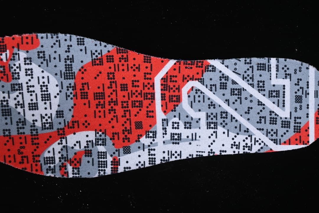 Close-up of a patterned red, gray, and black insole