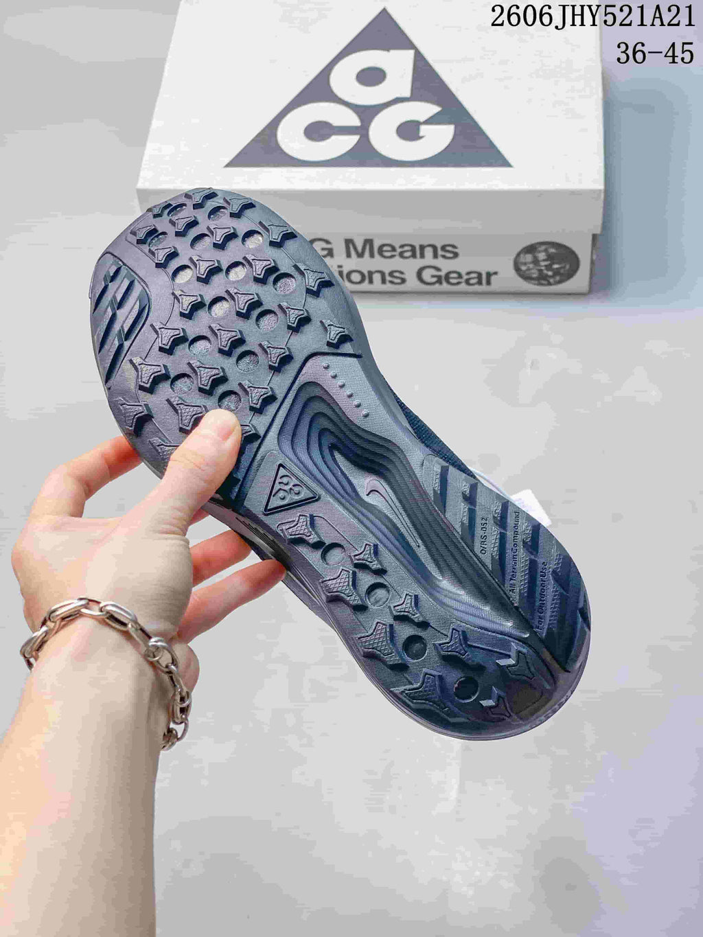 Close-up of the dark gray shoe's patterned outsole.
