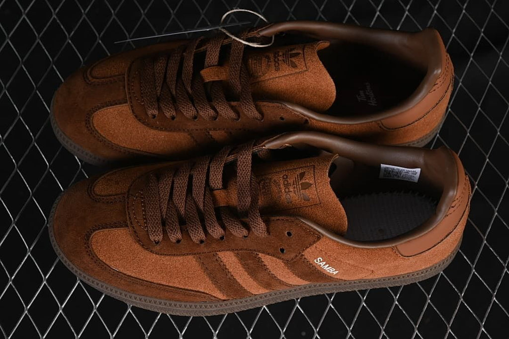 Pair of brown Samba sneakers shown from above