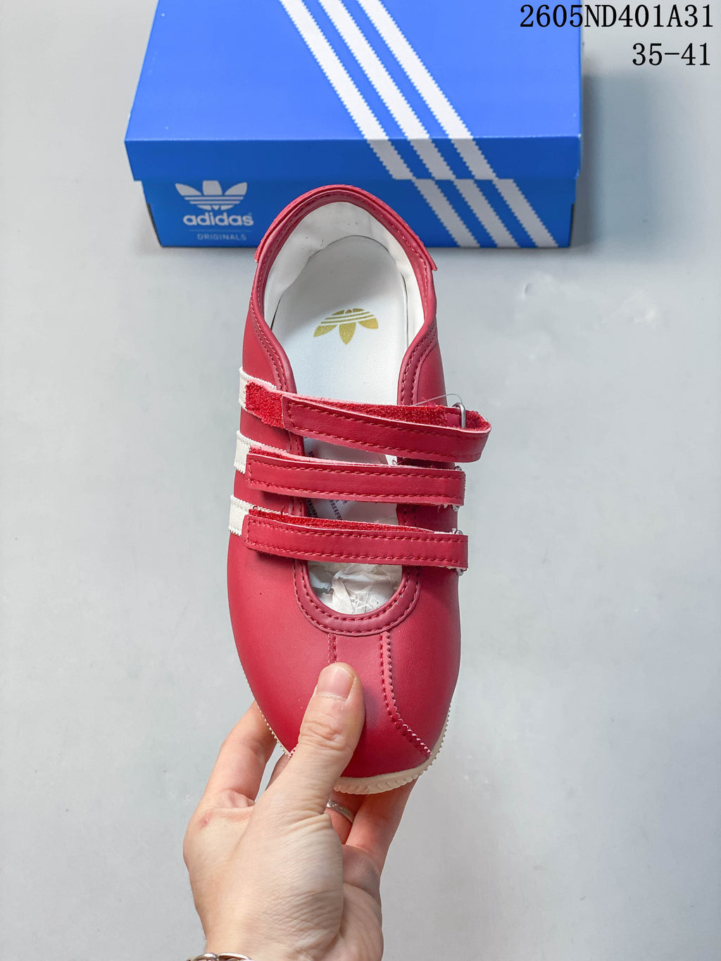 Top view showing the sneaker's straps and rounded toe