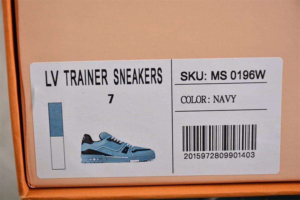 Box label identifying LV Trainer Sneakers in Navy, SKU MS 0196W, with size 7 shown