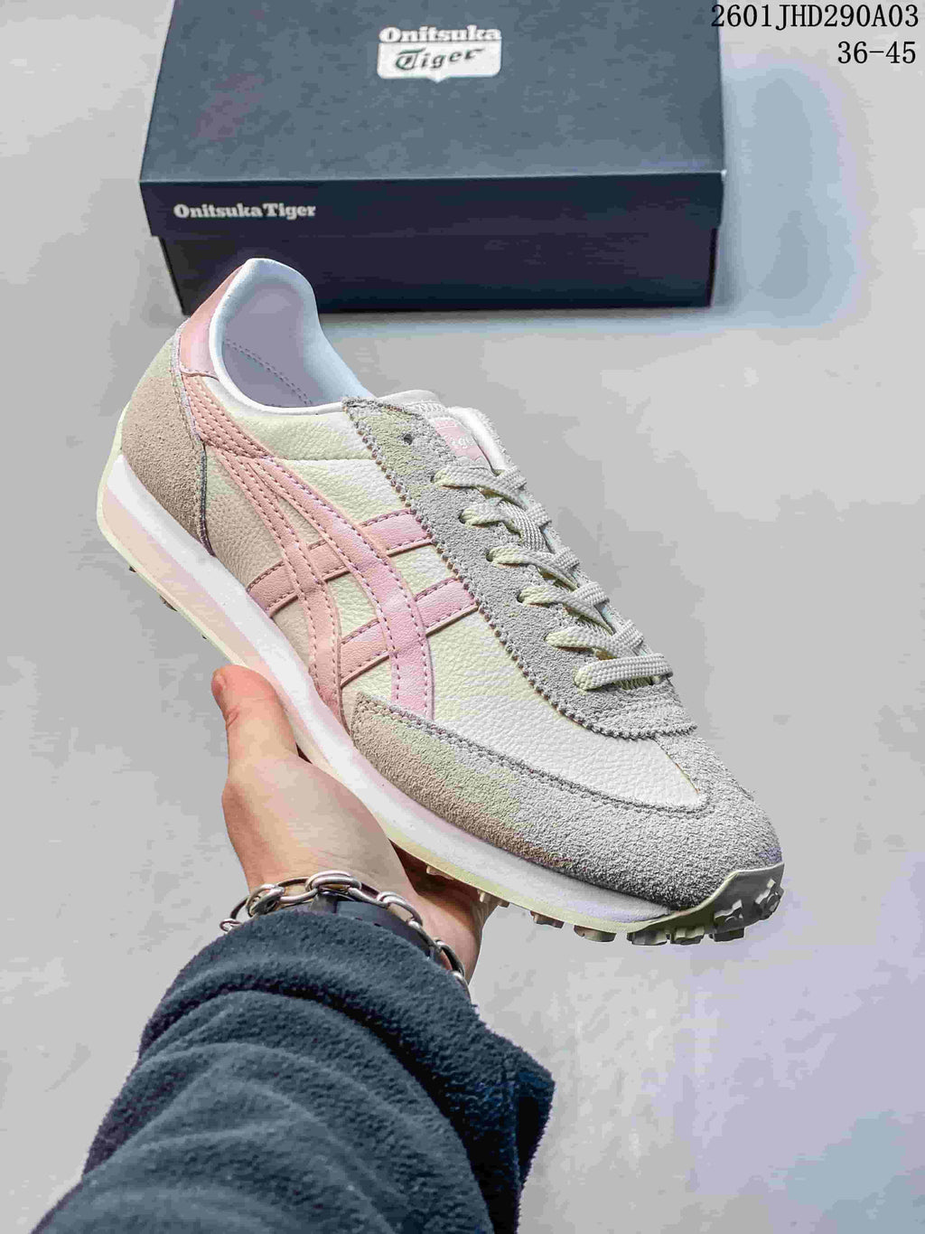 Light-colored Onitsuka Tiger EDR 78 sneaker with pale pink side stripes.