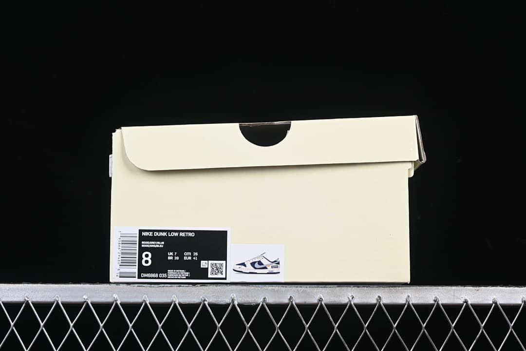 Shoebox label showing Nike Dunk Low Retro, size 8, and style code DM6868 035.