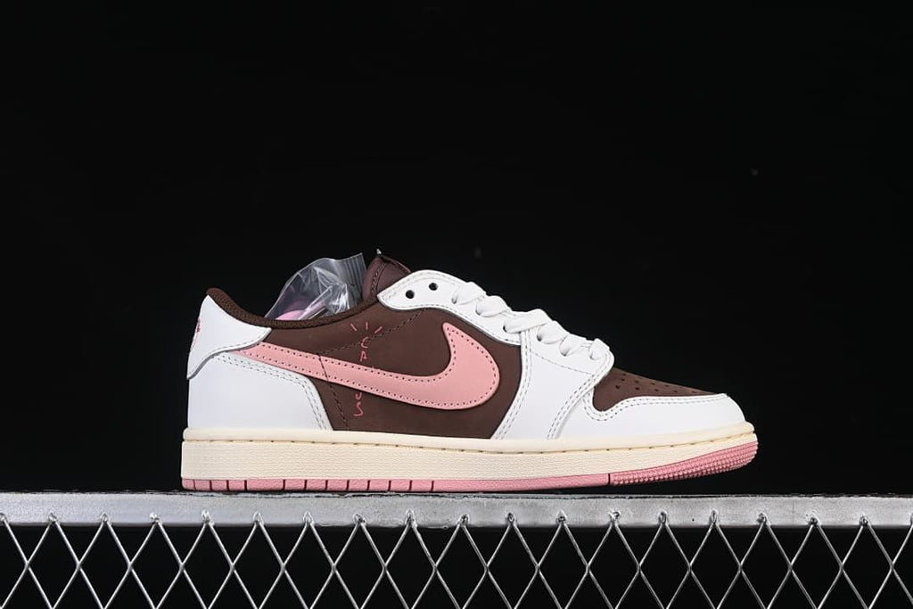 Side profile showing brown panels, pink Swoosh, white overlays, and pink outsole.