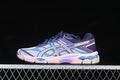 Side view of ASICS GEL-CUMULUS 16 sneakers in navy, grey, blue, pink and beige.