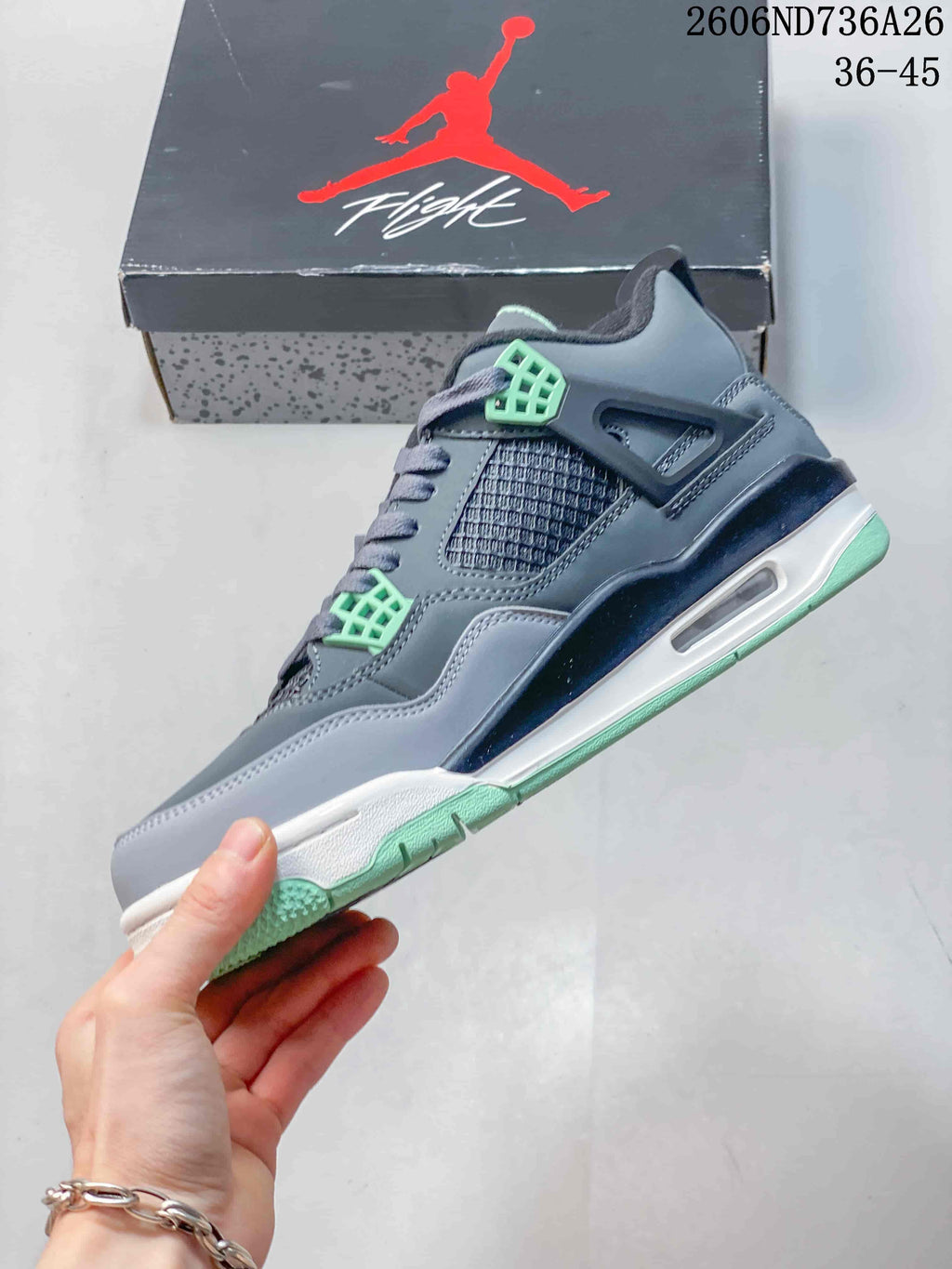 Side view of the grey high-top sneaker with mesh panels and mint lace wings