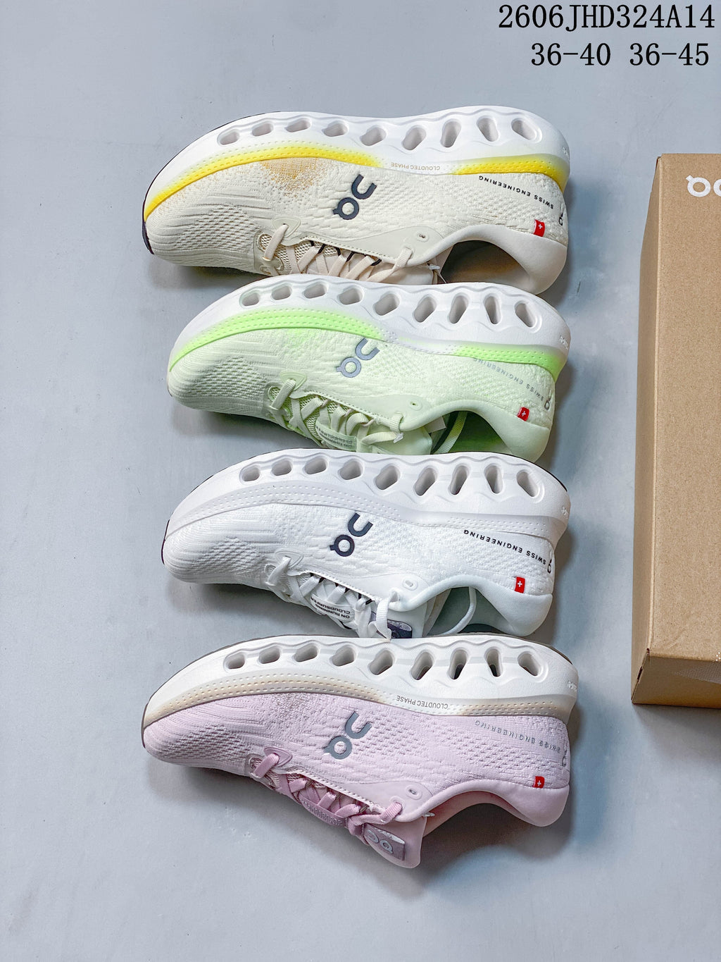 Four color variations of On Cloudtilt shoes arranged side by side