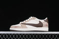 Side profile of beige and off-white low-top sneakers with a dark brown Swoosh and patterned heel.