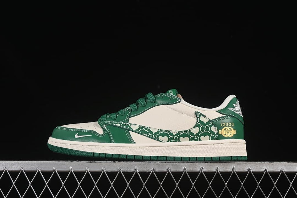 Side view of a cream and green low-top sneaker with patterned panels and green outsole.