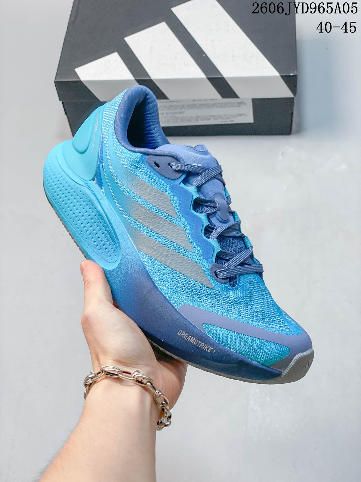 Close view of a blue Adidas Cushionnova running shoe with three-stripe side detailing.