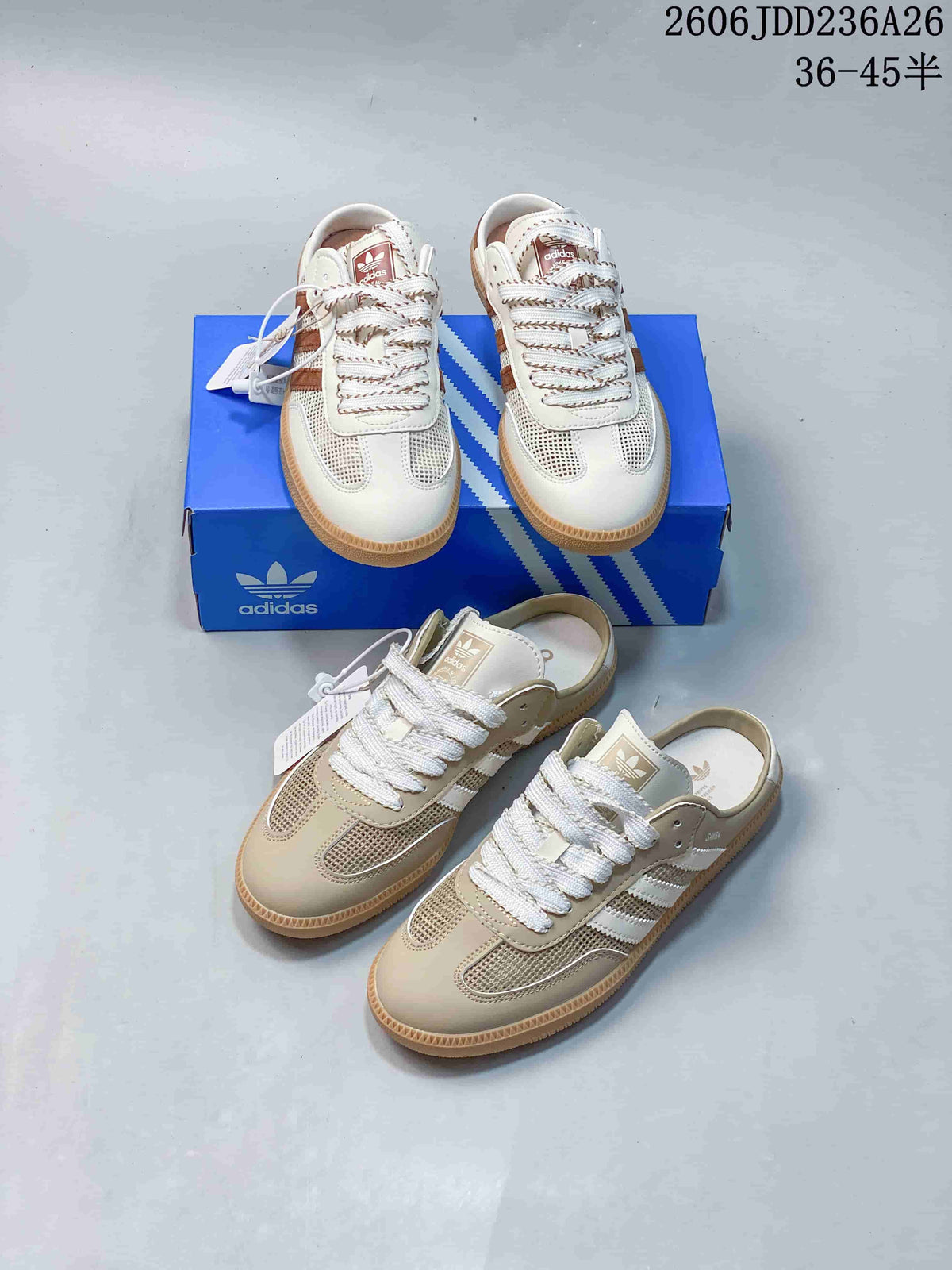Cream and beige Samba-style low-top mule sneakers shown from above and at an angle
