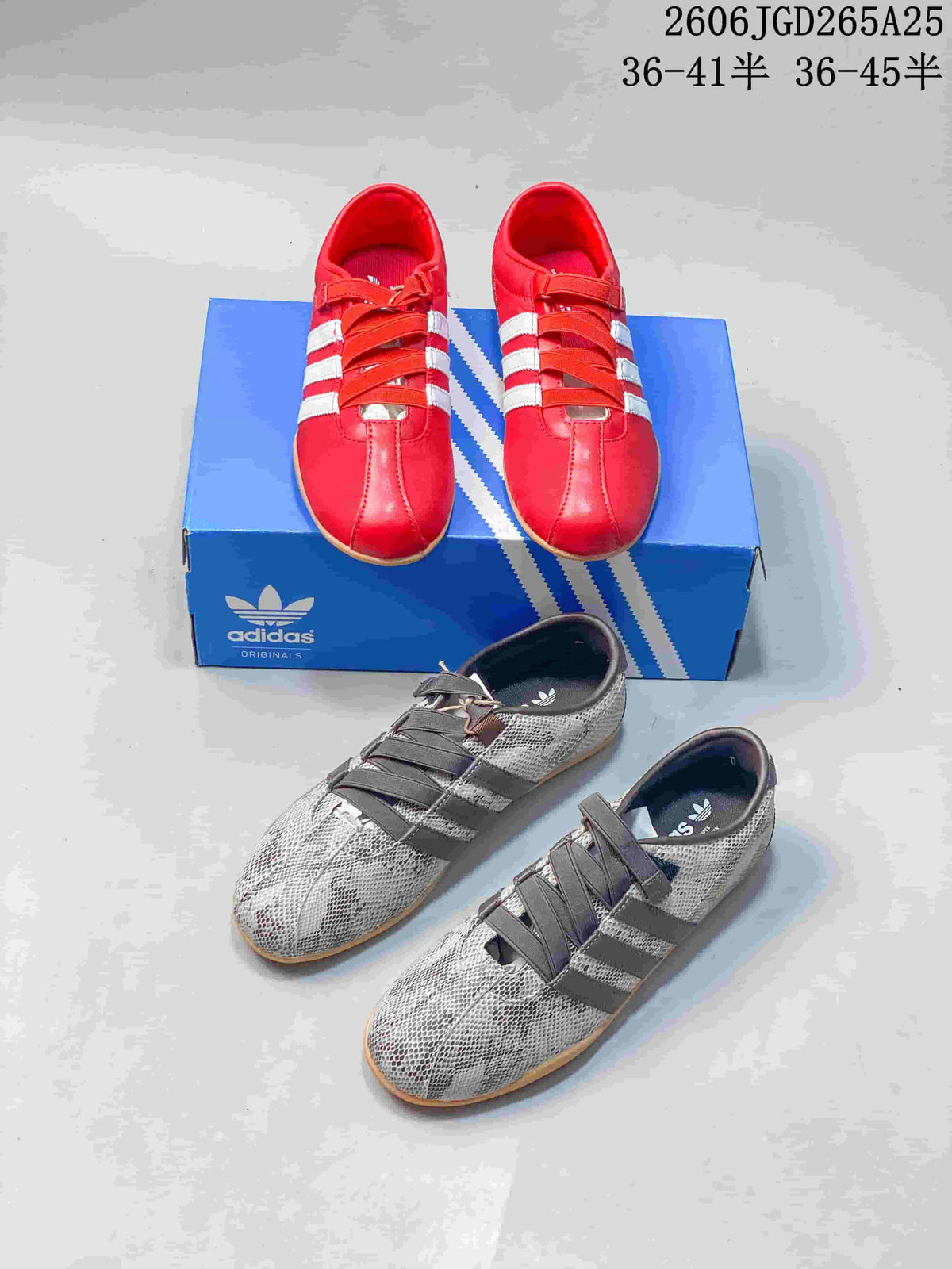 Red and gray snakeskin-style print Adidas Tokyo W sneakers shown together; image overlay includes size-range text.