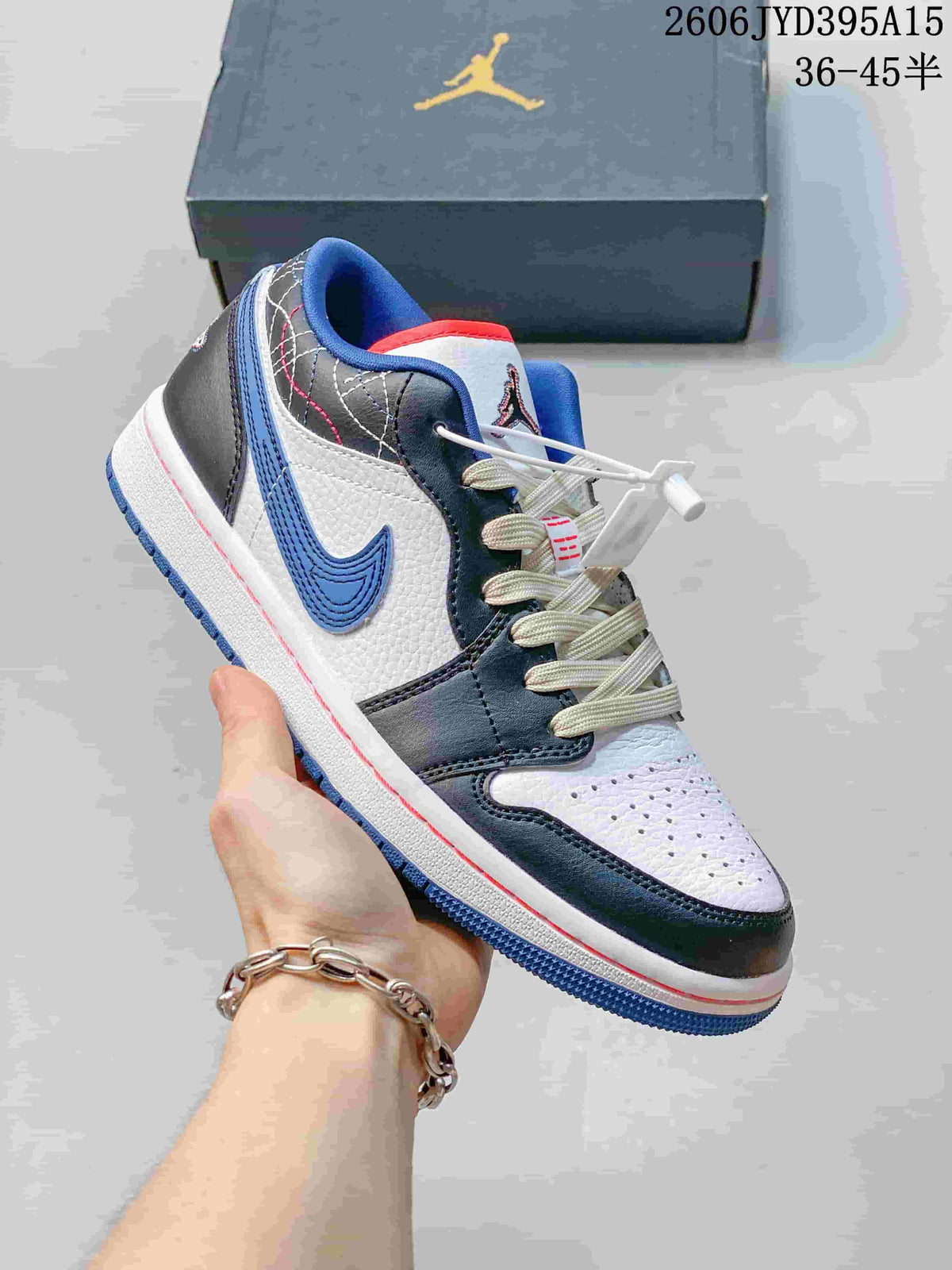 Close-up side view of a white and blue-gray Jordan low-top sneaker