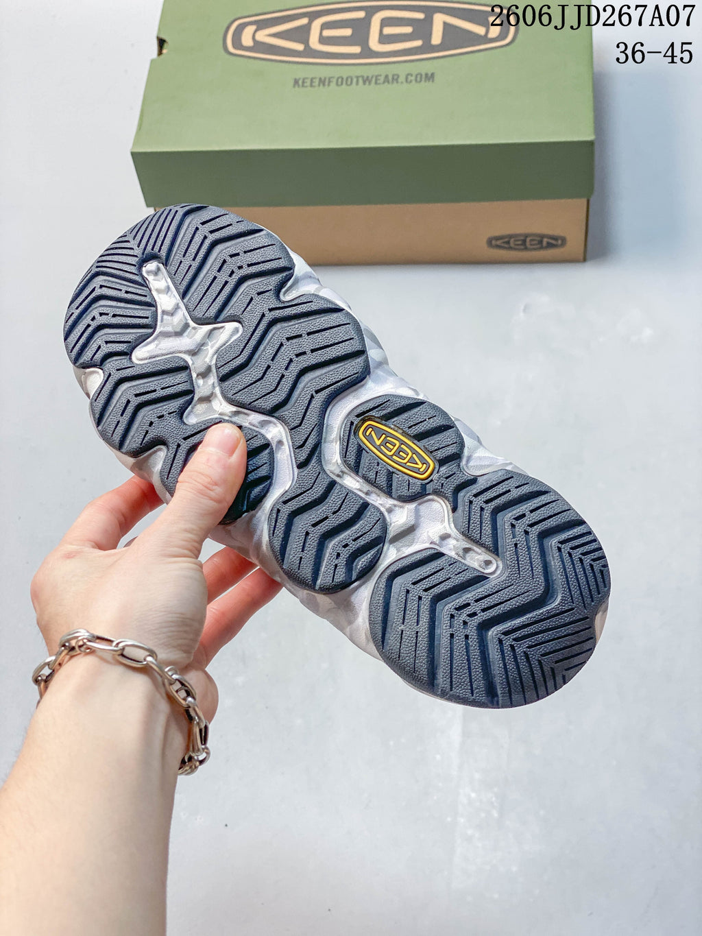 Close-up of the patterned outsole on a KEEN sandal