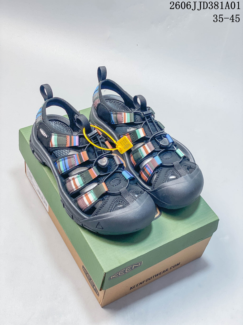 Dark gray KEEN-style closed-toe sandals with multicolor straps on a shoebox