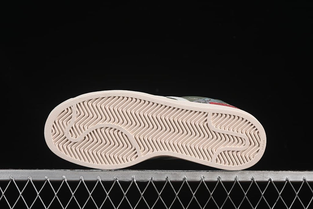 Underside view showing the patterned cream outsoles.